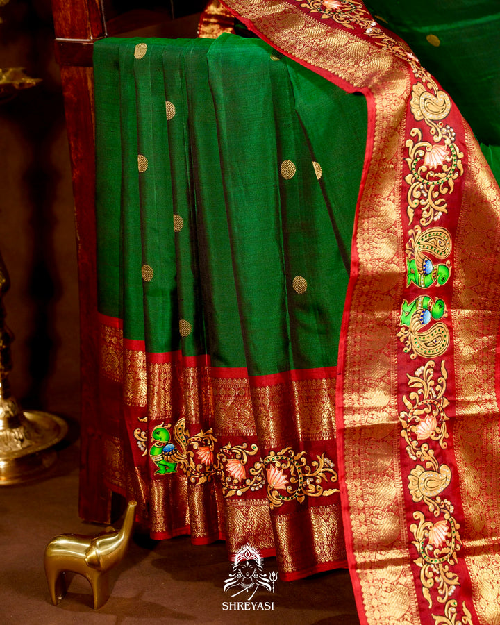 Handloom Pure Kanjivaram Silk Sarees with Real Zari and Hand Painted Tanjore Art