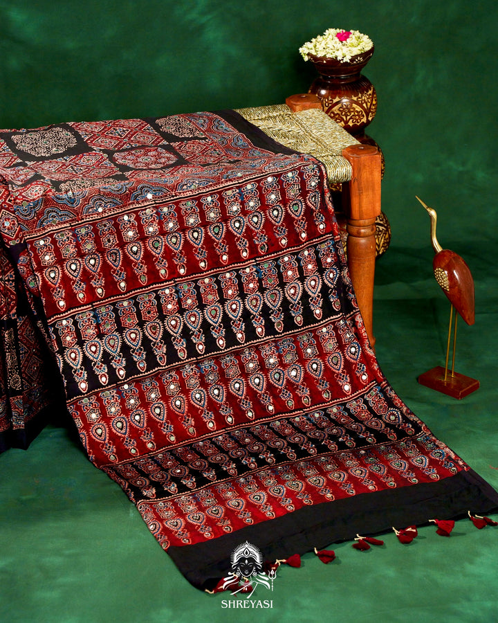 Mirror Work Pure Modal Silk Ajrakh Hand Block Printed Saree | Naturally Dyed Artisan Collection