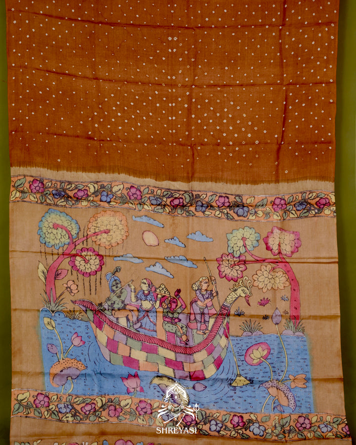 Handloom Pure Tussar Silk Saree with Hand Knotted Bandhej and Pen Kalamkari Pallu and Blouse