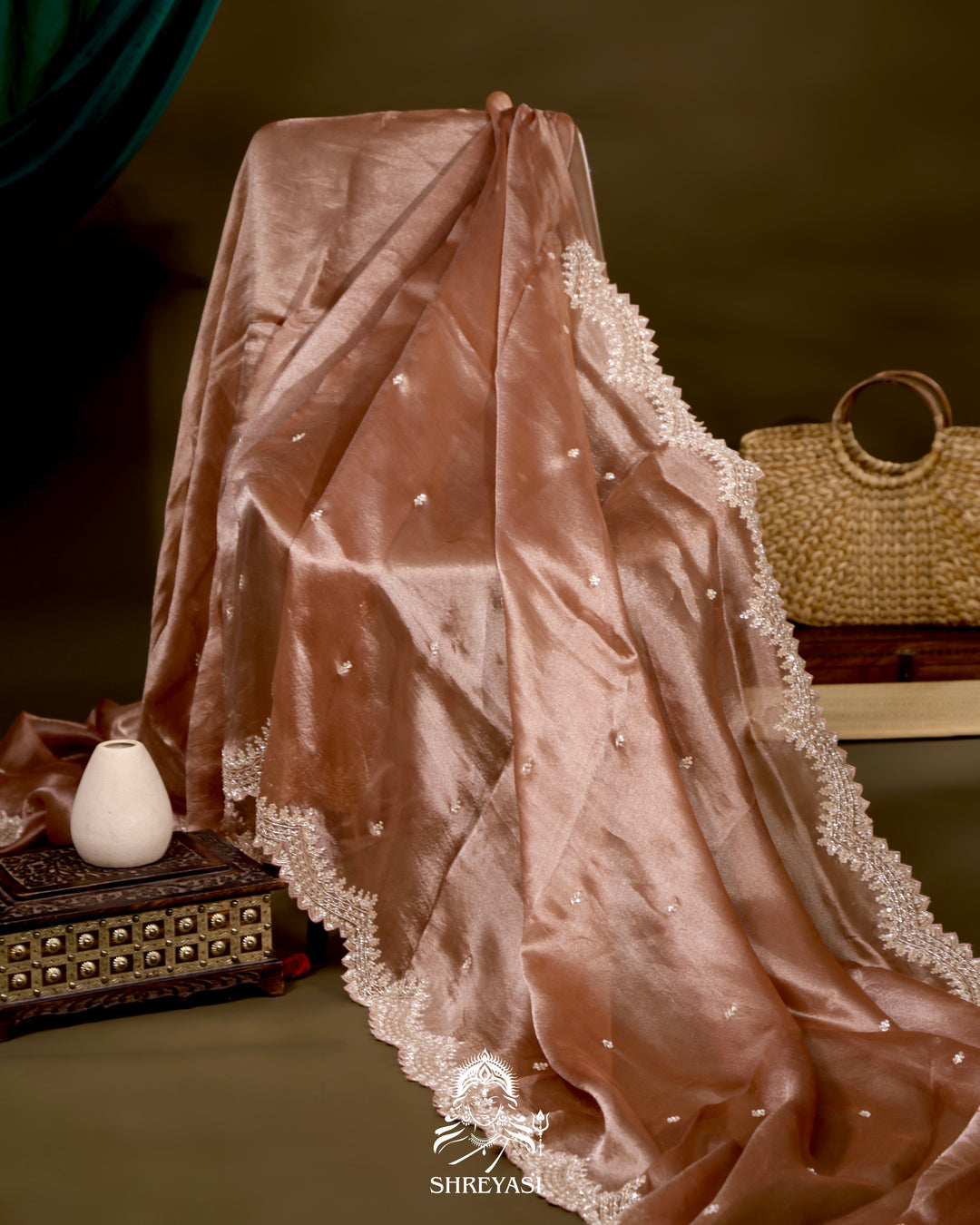 Tissue Silk Saree with Scallop Hand Embroidered Borders and Petit Point Embroidered Blouse