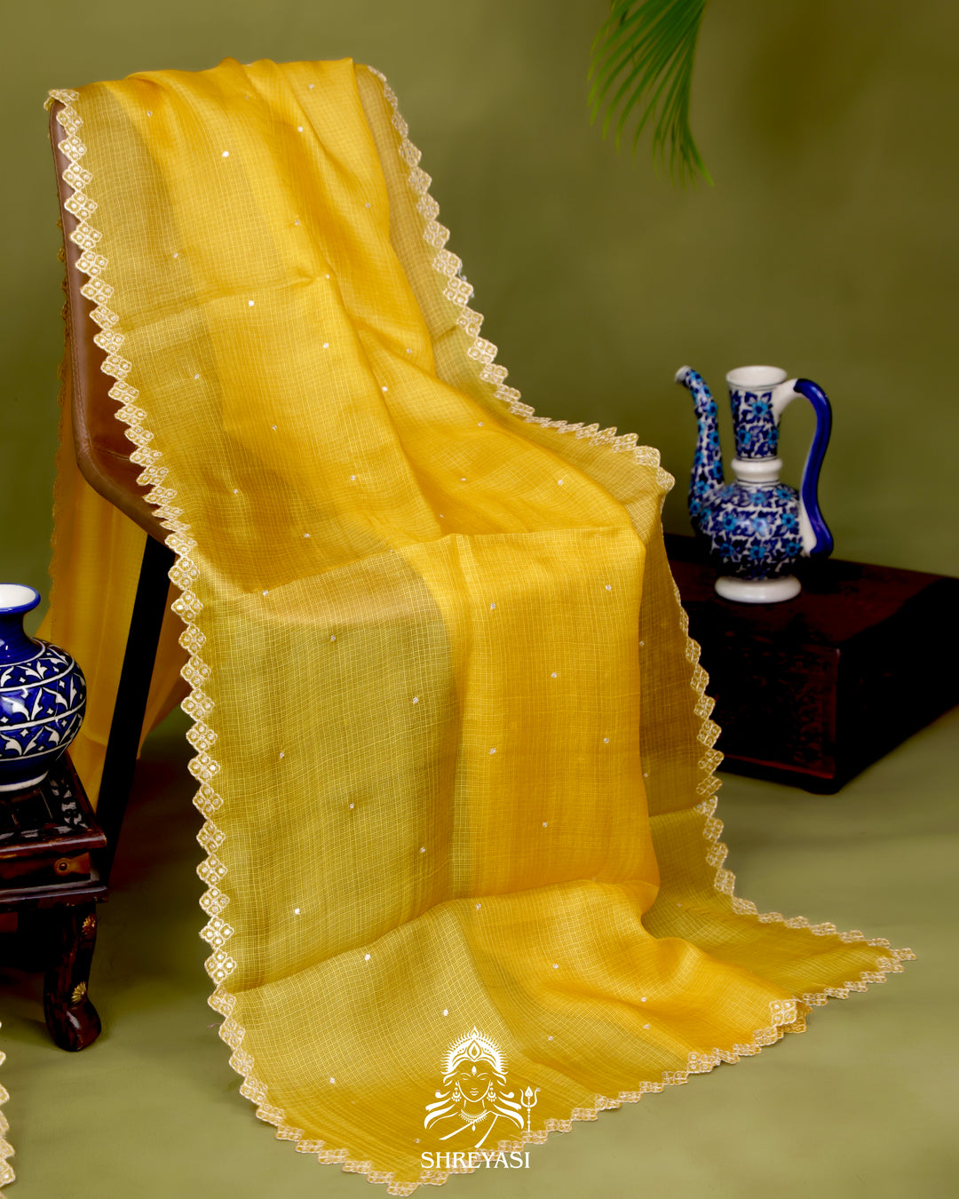 Handloom Pure Tussar Kota Saree with Scalloped Pitta Embroidery Border