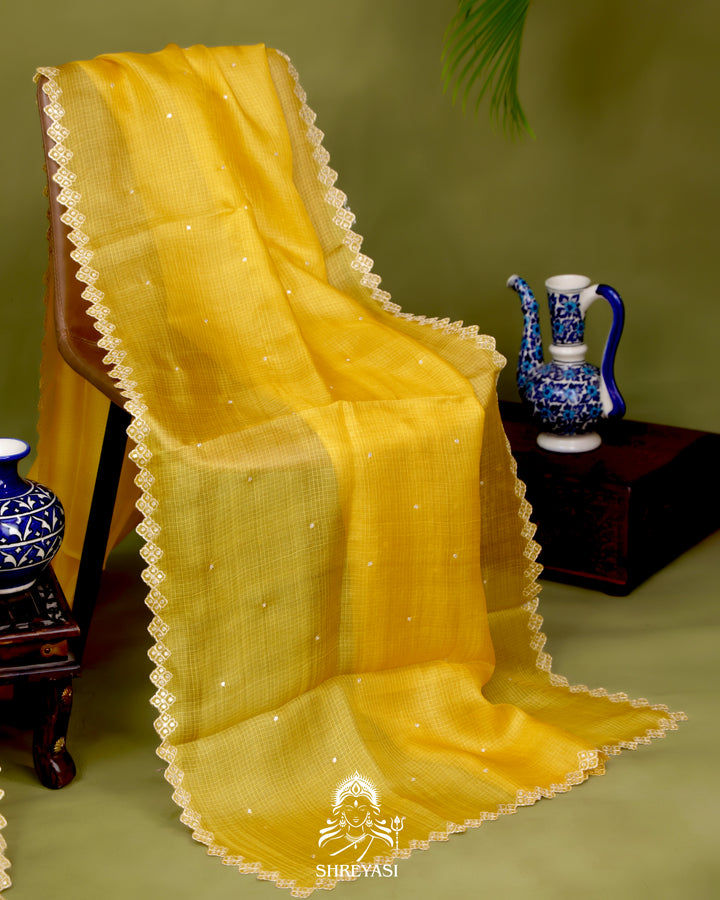 Handloom Pure Tussar Kota Saree with Scalloped Pitta Embroidery Border