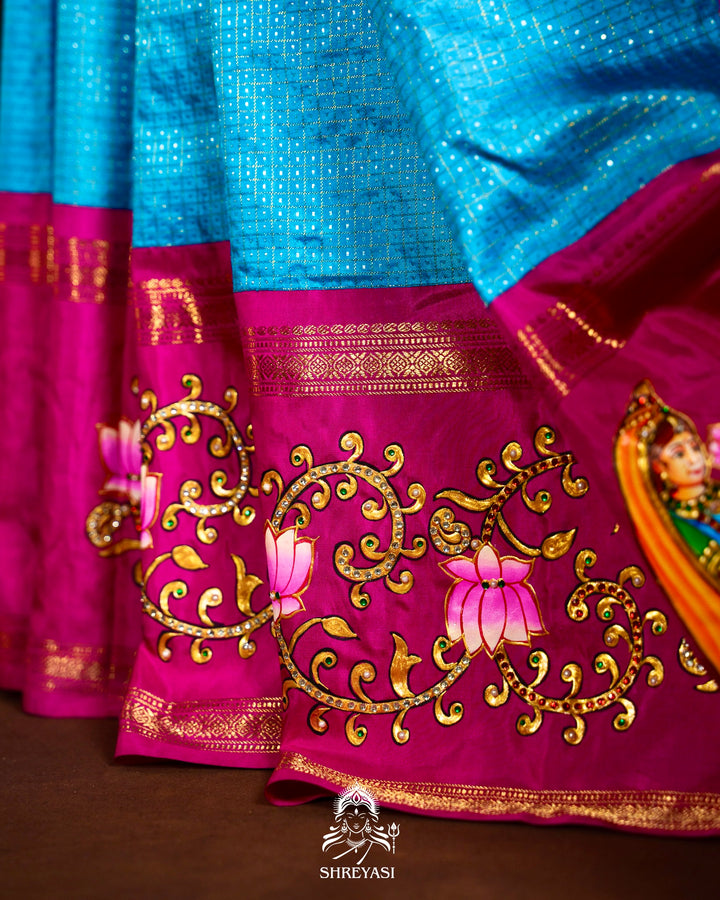 Traditional Tanjore Painting on Handloom Pure Kanjivaram Silk Sarees with Real Zari