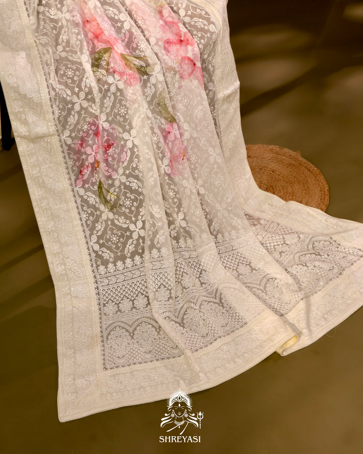 Georgette floral saree with chikankari embroidery