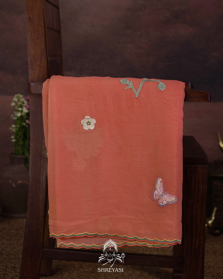 Handloom Pure Chiffon Saree with 3D Appliqué Embroidery