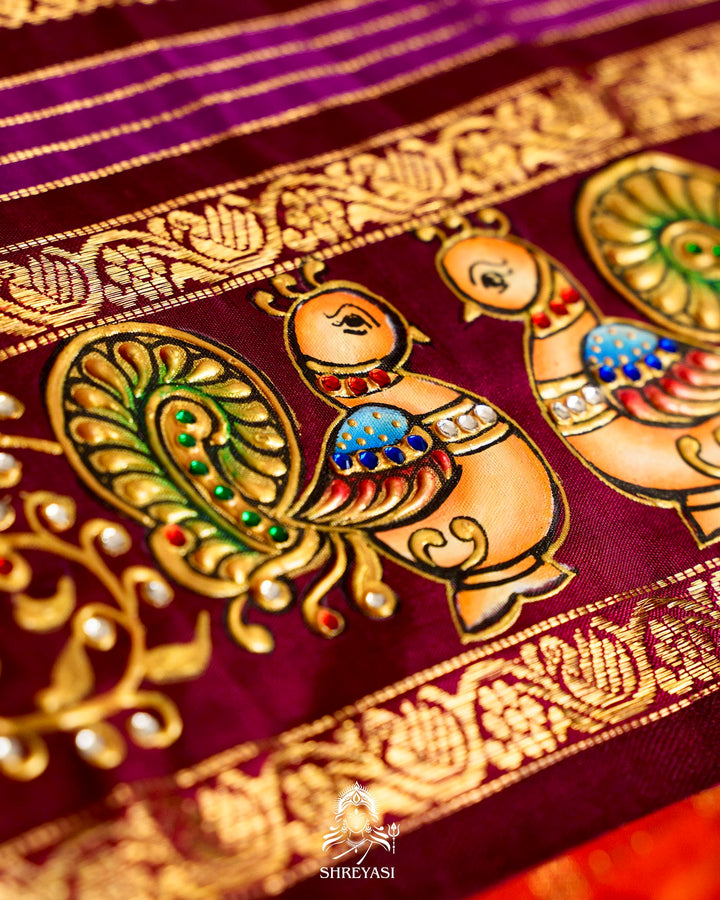 Handloom Pure Kanjivaram Silk Sarees with Real Zari and Hand Painted Tanjore Art