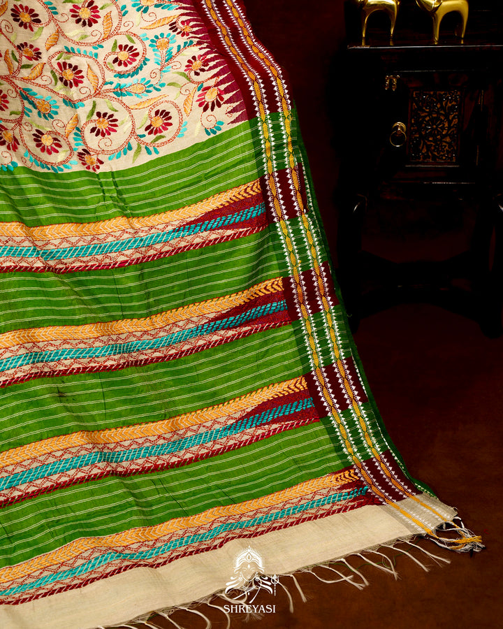 Handloom Pure Vidarbha Tussar Silk Saree with Karvati Kinar Border and Kantha Embroidery