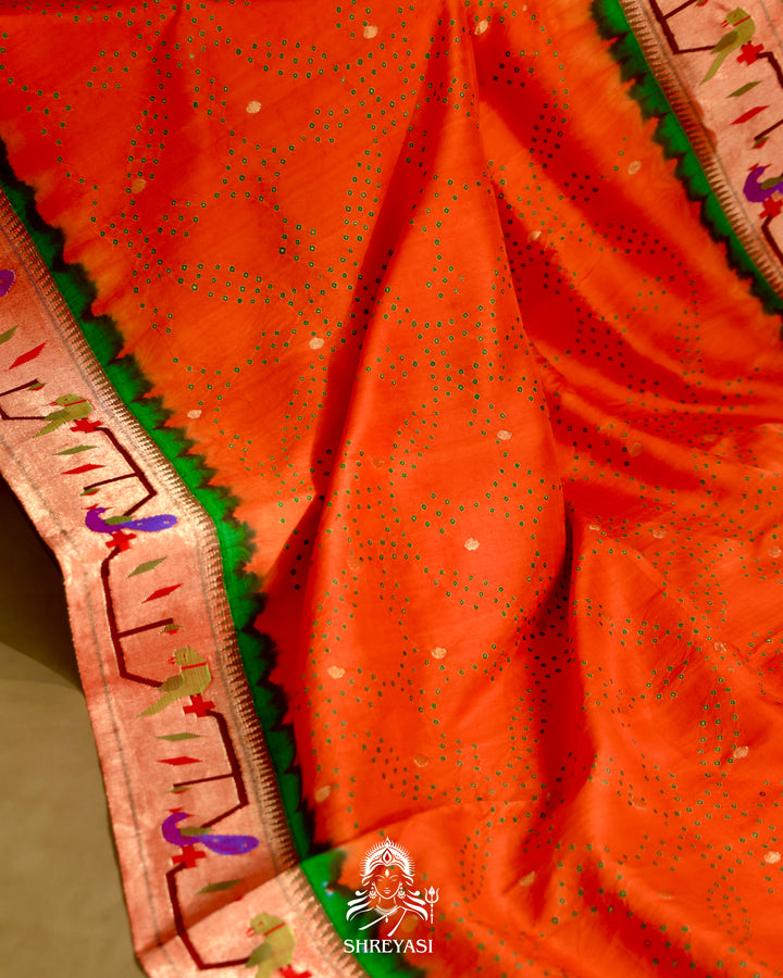Paithani Bandhini Silk Saree with Parrot Peacock Border