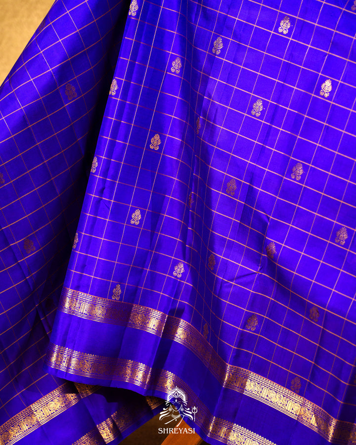 Handloom Pure Kanjivaram Silk Saree in Royal Blue with Kattam Checks and Traditional Zari Borders