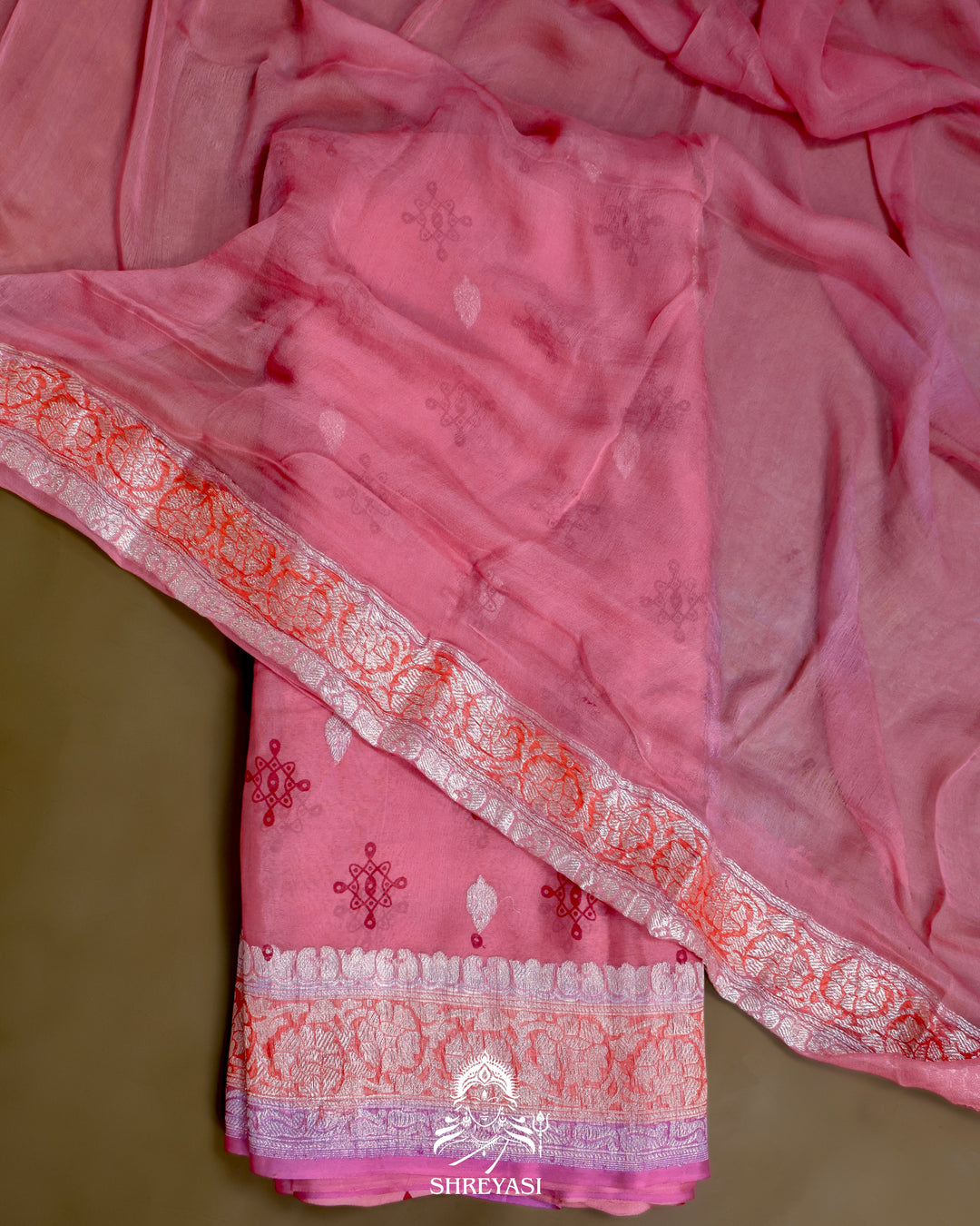 Banarasi Khaddi Chiffon Georgette Saree with Hand Block Motifs