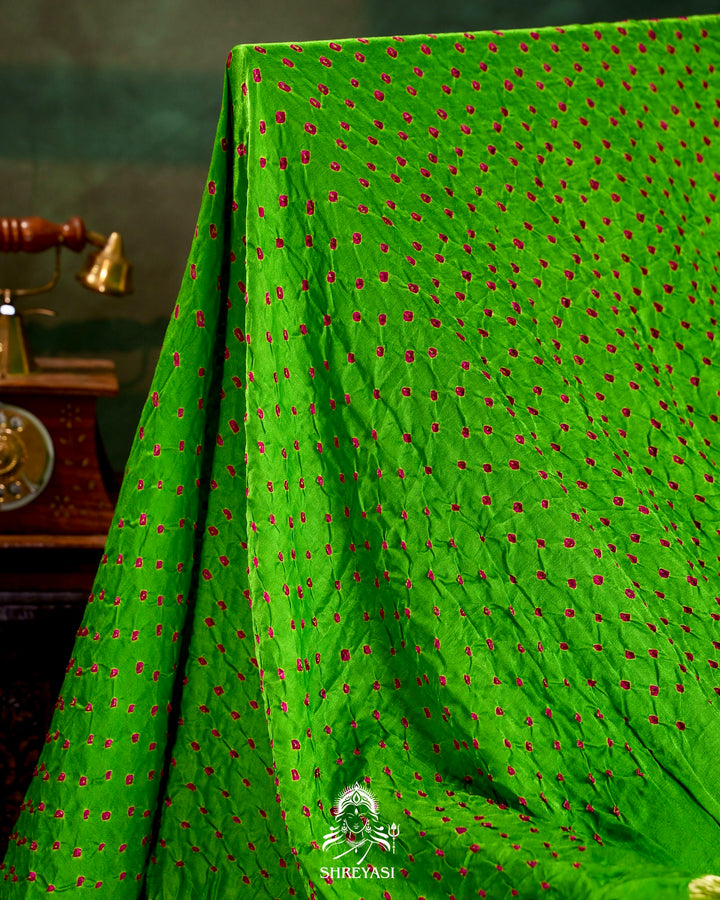 Handloom Pure Bandhani Gaji Silk Saree with Hand-Knotted Bandhej and Multicolored Bandhani Pallu