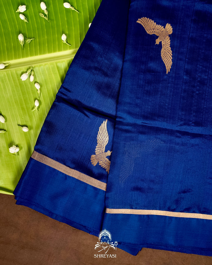 Handloom Pure Chanderi Pattu Silk Saree in Cobalt Blue with Bird Motifs