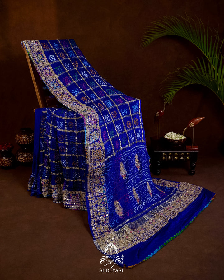 Handloom Pure Gaji Silk Gharchola Bandhej Saree with Multicolor Bandhani, Multicolor Pallu & Handcrafted Gota Patti Borders