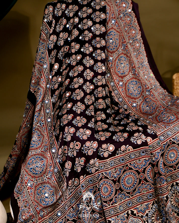 Ajrakh Hand Block Printed Pure Modal Silk Saree With Mirror Work