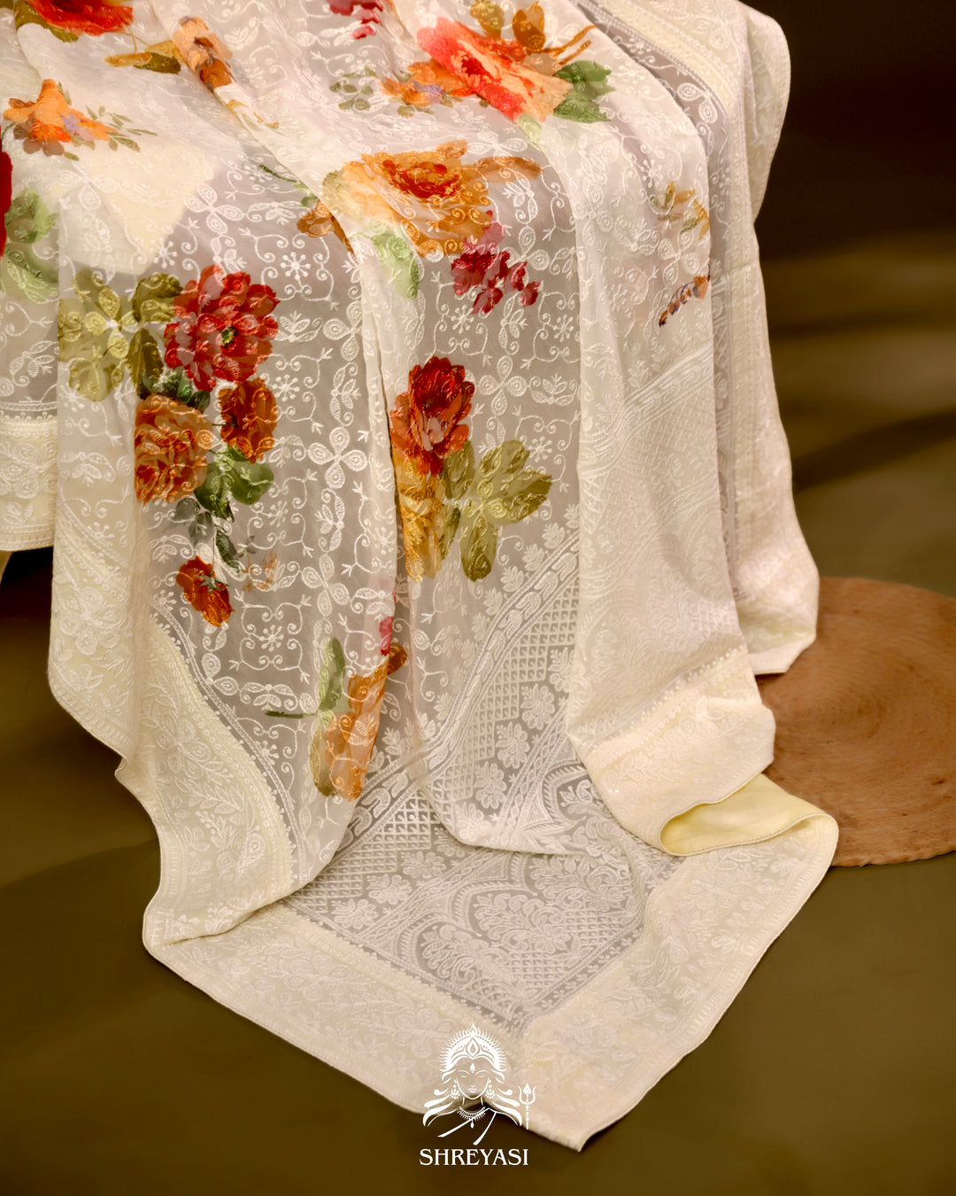 Georgette floral saree with chikankari embroidery