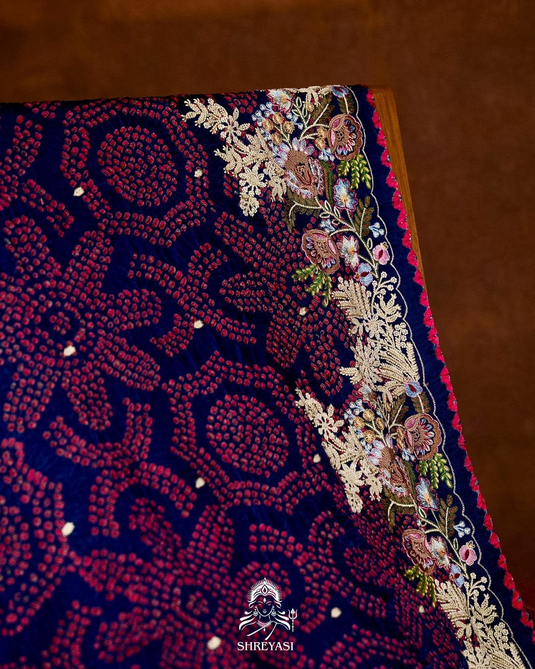Handloom Pure Gaji Silk Bandhej Saree with Floral Embroidery