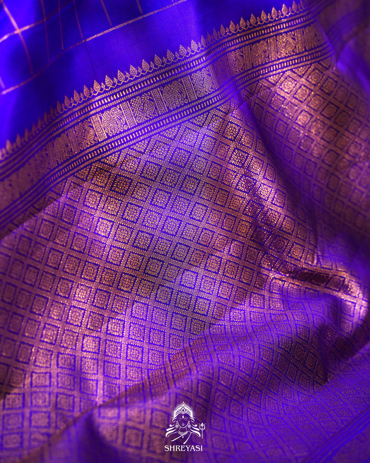 Handloom Pure Kanjivaram Silk Saree in Royal Blue with Kattam Checks and Traditional Zari Borders