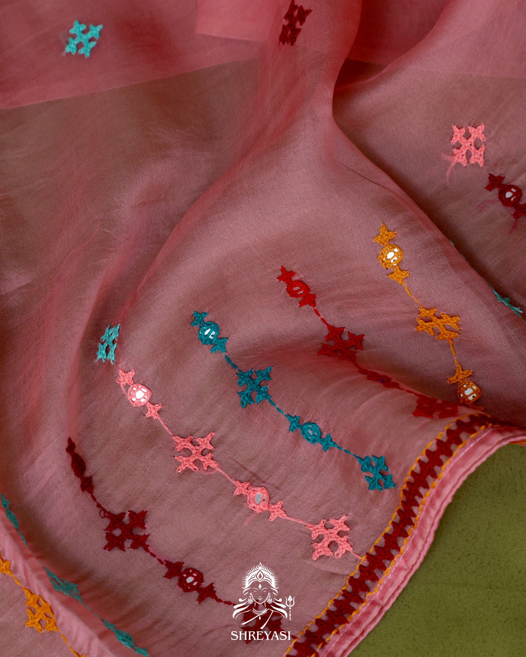 Pure Organza Silk Saree with Hand Embroidered Kutchi Shisha Mirror Work