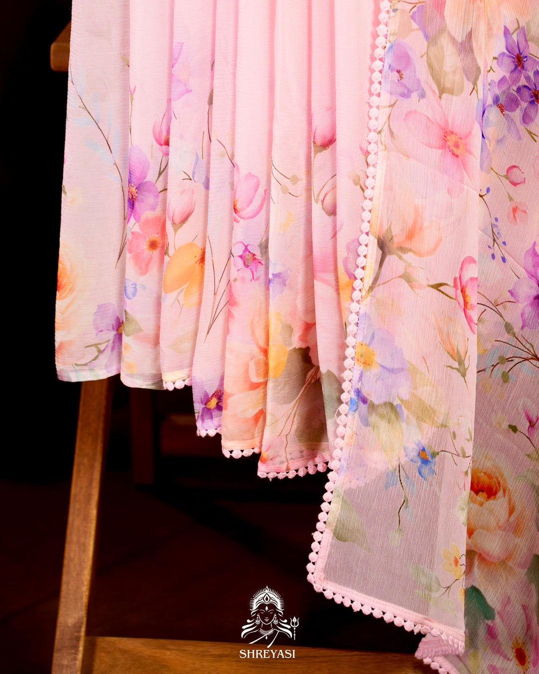 Pure Chiffon Floral Saree with Crochet Embroidery Border
