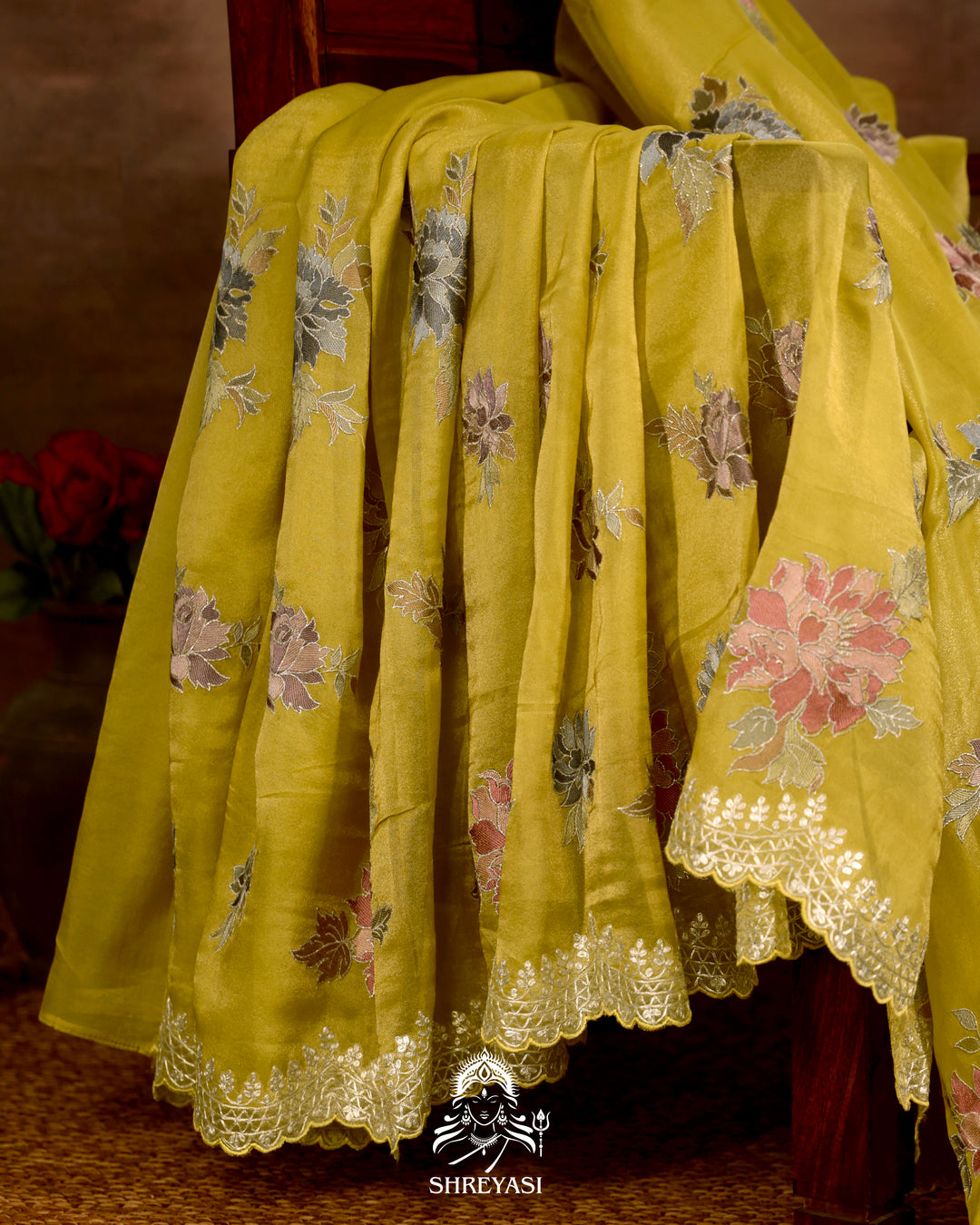 Pure Tissue Silk Saree with Floral Threadwork and Pita Embroidered Border
