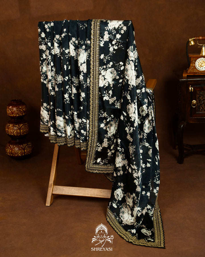 Midnight Noir Pure Chinon Satin Saree with Embroidered Borders