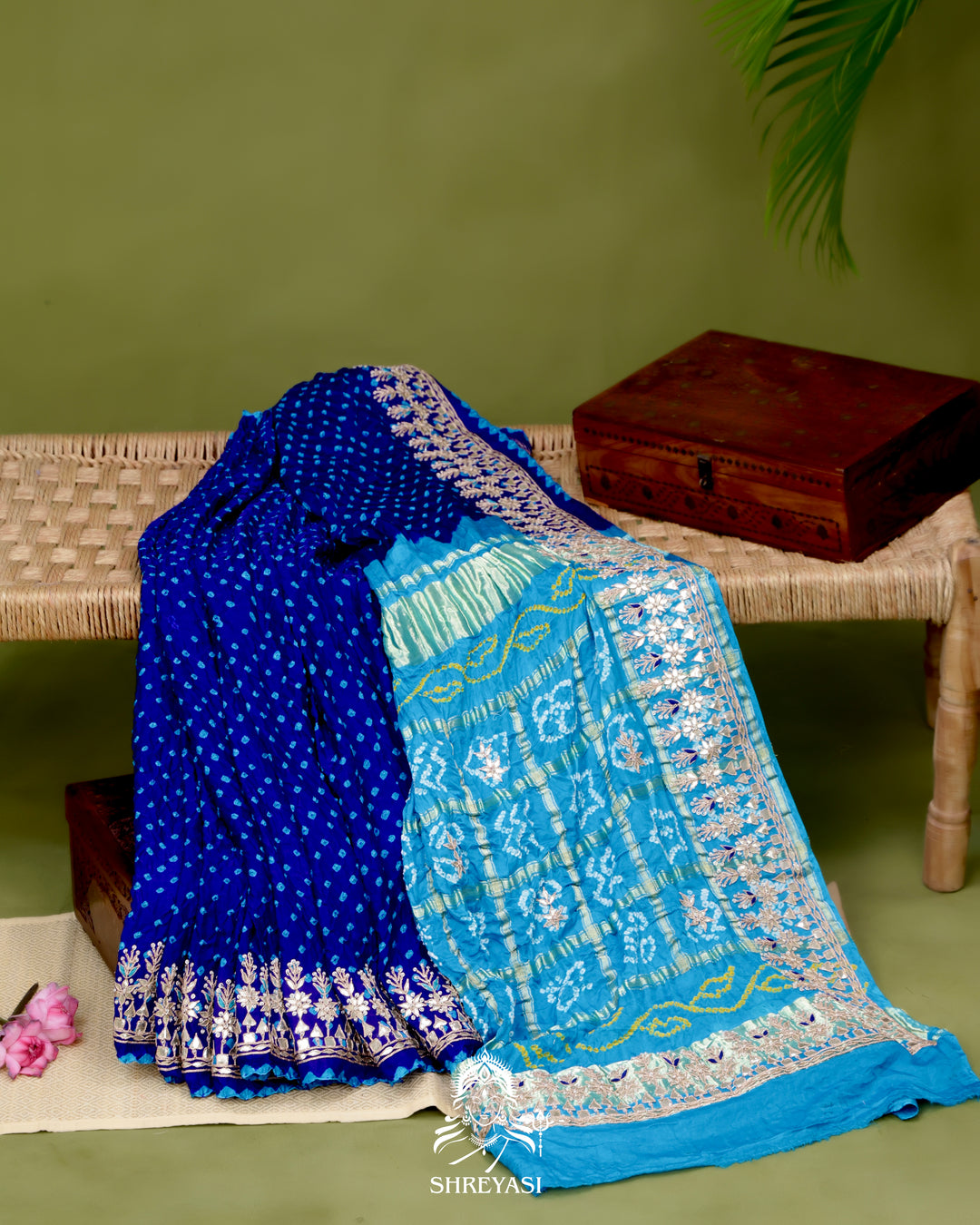 Handloom Pure Gaji Silk Saree with Hand-Knotted Bandhej and Gharchola Pallu with Heavy Gotapatti Embroidery