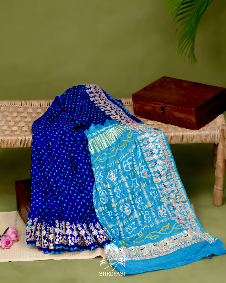 Handloom Pure Gaji Silk Saree with Hand-Knotted Bandhej and Gharchola Pallu with Heavy Gotapatti Embroidery