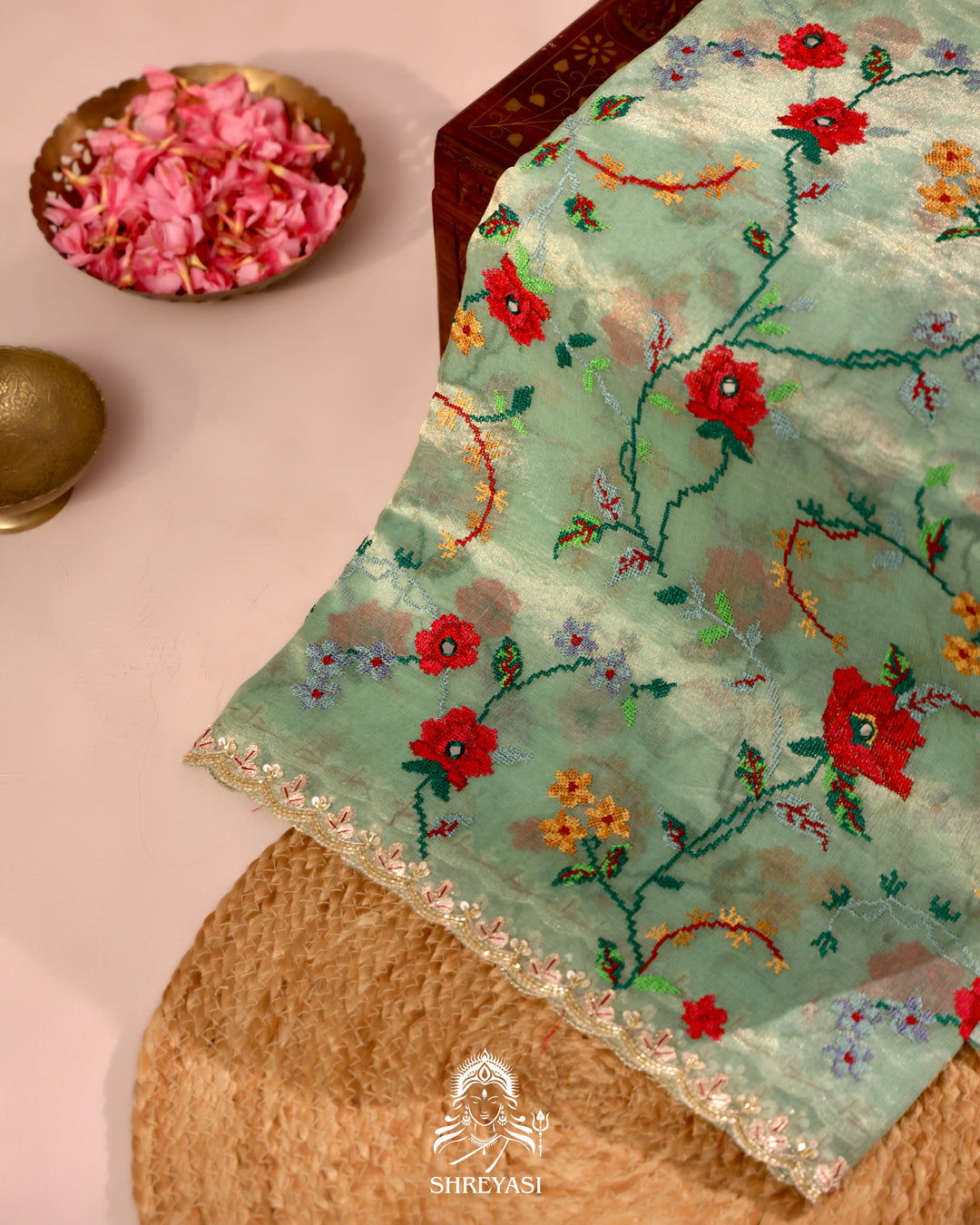 Organza Silk Saree with All-Over Petit Point Embroidery and Gotapatti Border