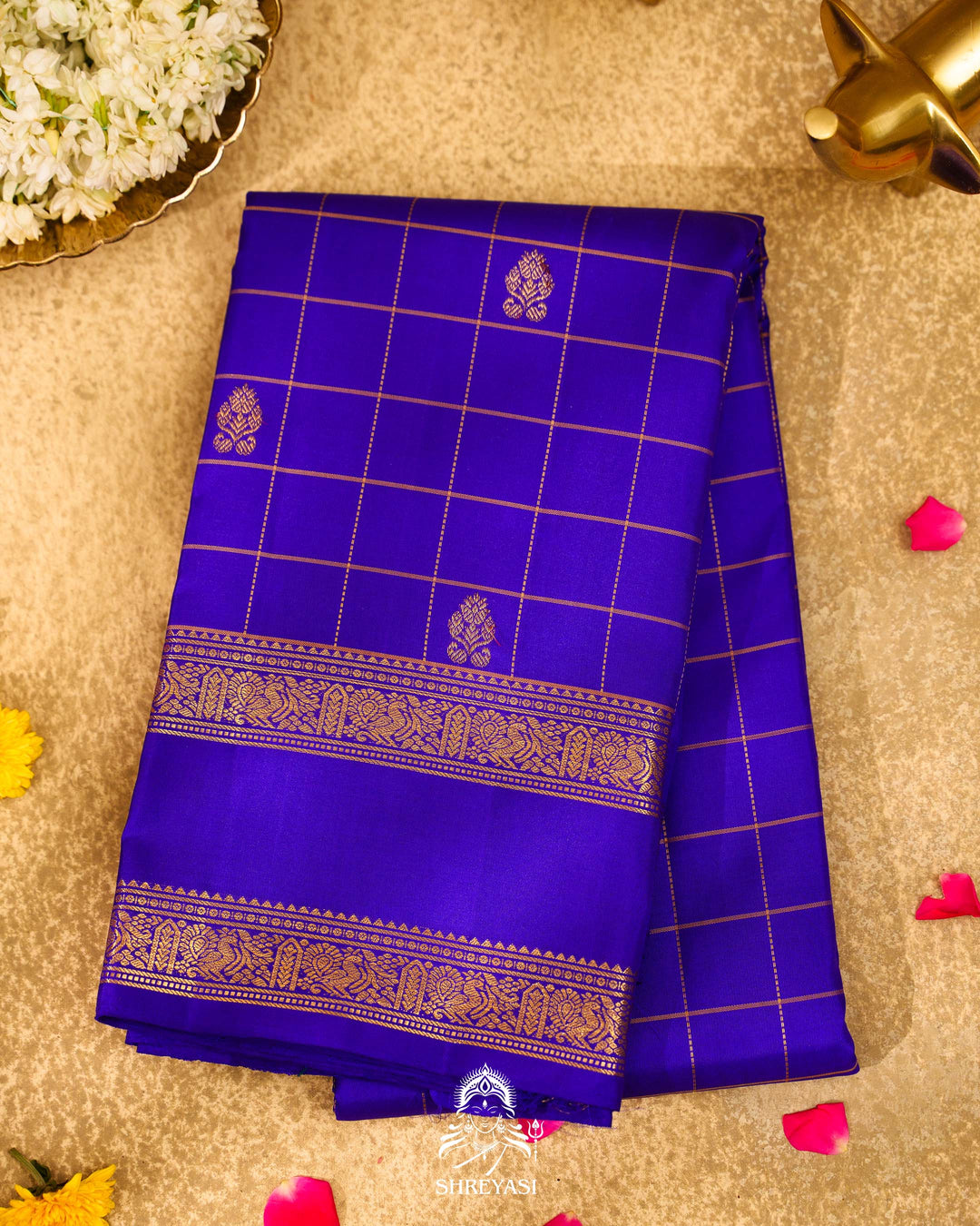 Handloom Pure Kanjivaram Silk Saree in Royal Blue with Kattam Checks and Traditional Zari Borders