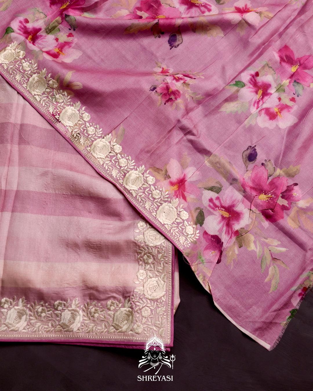 Tussar Silk Saree with Parsi Gara Embroidered Borders and Floral Parsi Gara Blouse