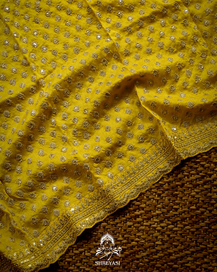 Lime Yellow Chinon Satin Floral Saree with Embroidered Border