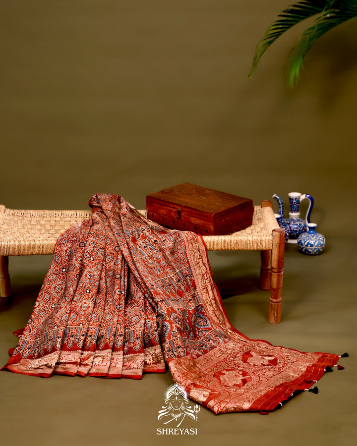 Hand Block Printed Ajrakh Dola Silk Saree with Zari Brocade Blouse