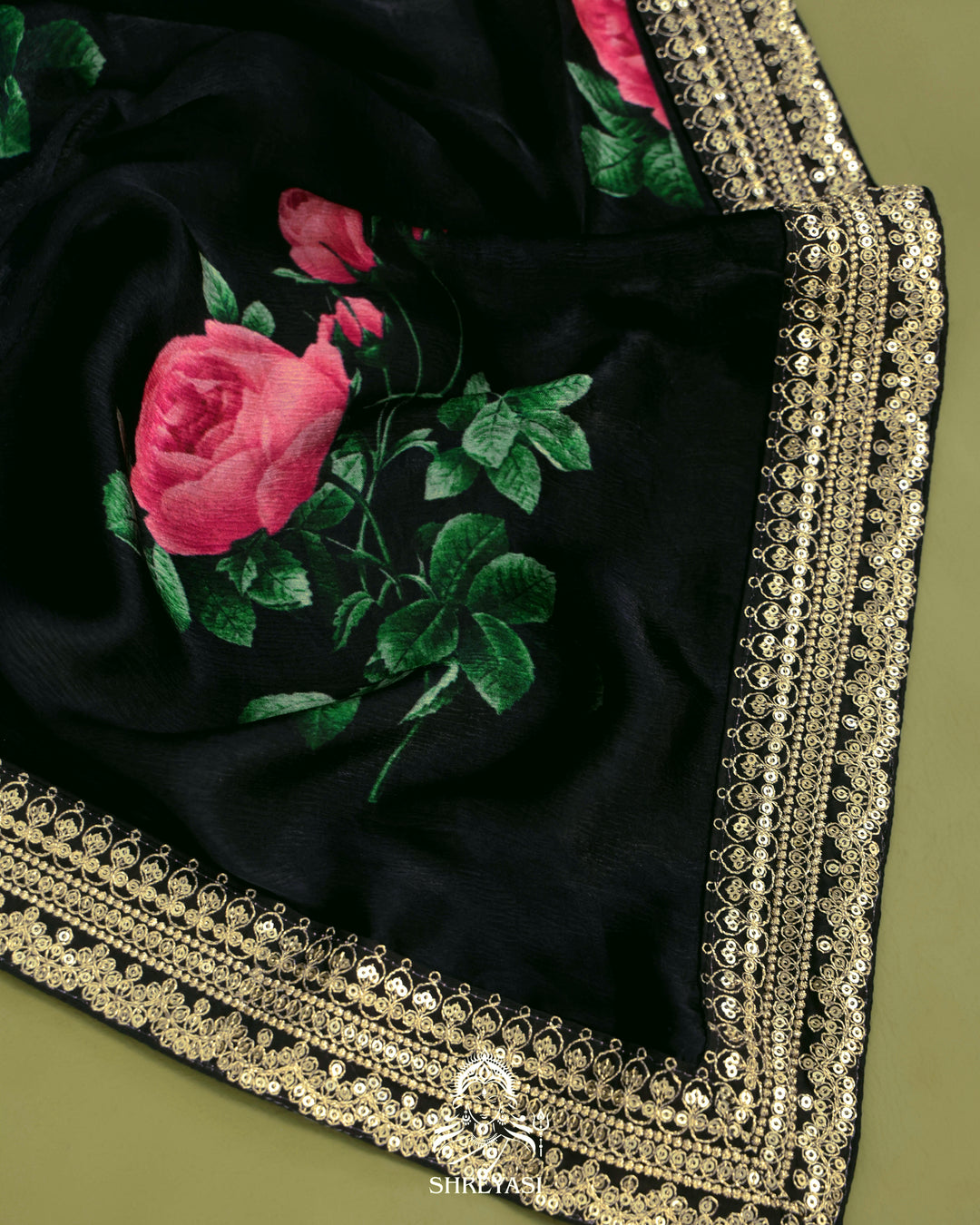 Black Chinon Satin Floral Saree with Embroidered Border