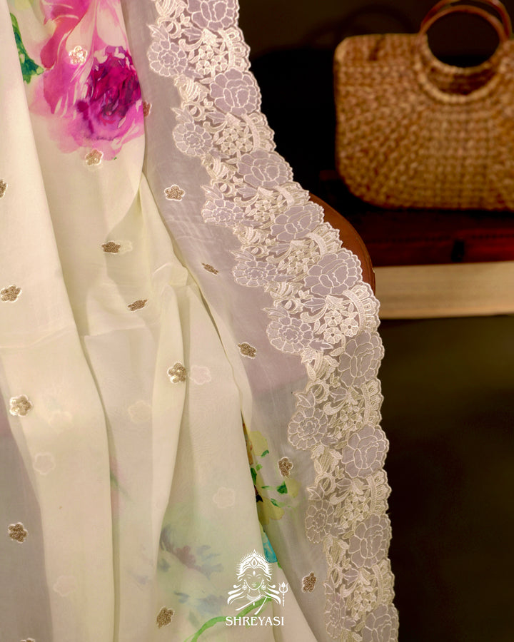 Floral Georgette Saree with Sequin Embroidery and Chantilly Lace Borders