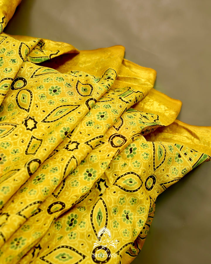 Hand Block Printed Ajrakh Dola Silk Saree with Zari Brocade Blouse