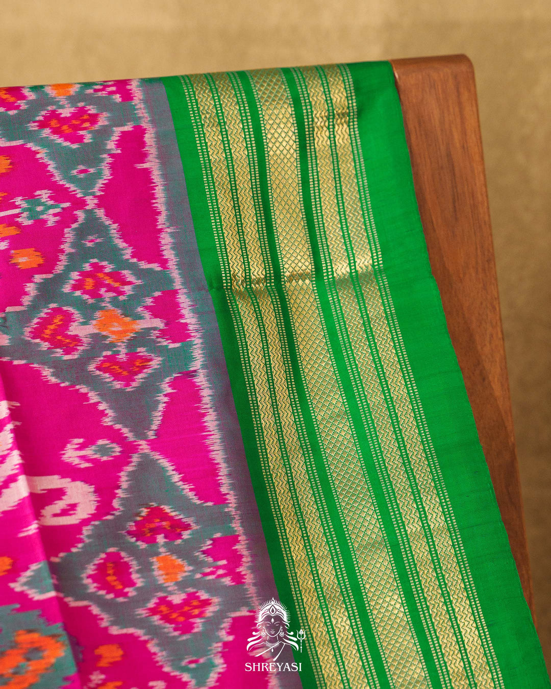 Pink & Green Handloom Pure Pochampally Silk Saree with Kanchi Borders