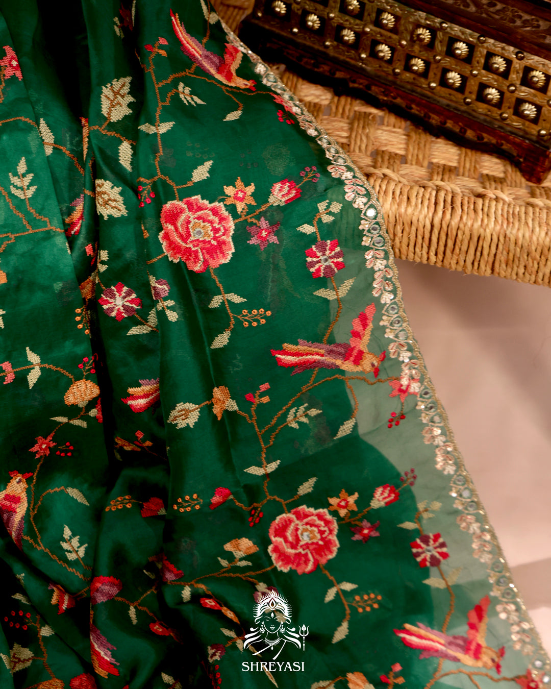 Organza Silk Saree with All-Over Petit Point Embroidery and Gotapatti Border