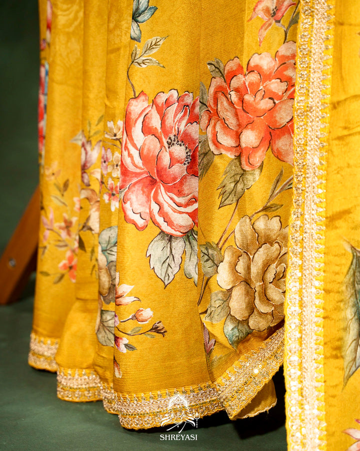 Floral Crepe Chiffon Saree with Embroidered Borders