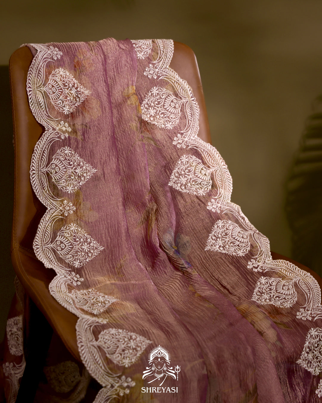 Handloom Pure Crushed Ektara Tissue Silk Saree with Floral Print and Scallop Embroidery