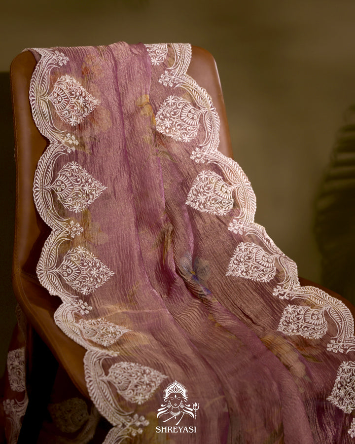 Handloom Pure Crushed Ektara Tissue Silk Saree with Floral Print and Scallop Embroidery