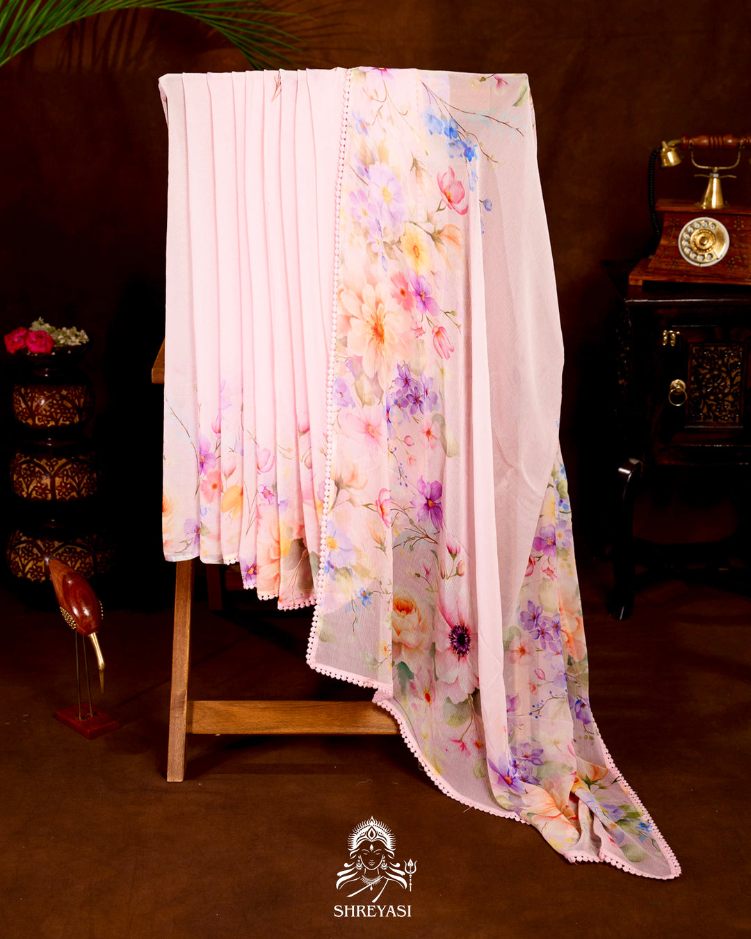 Pure Chiffon Floral Saree with Crochet Embroidery Border