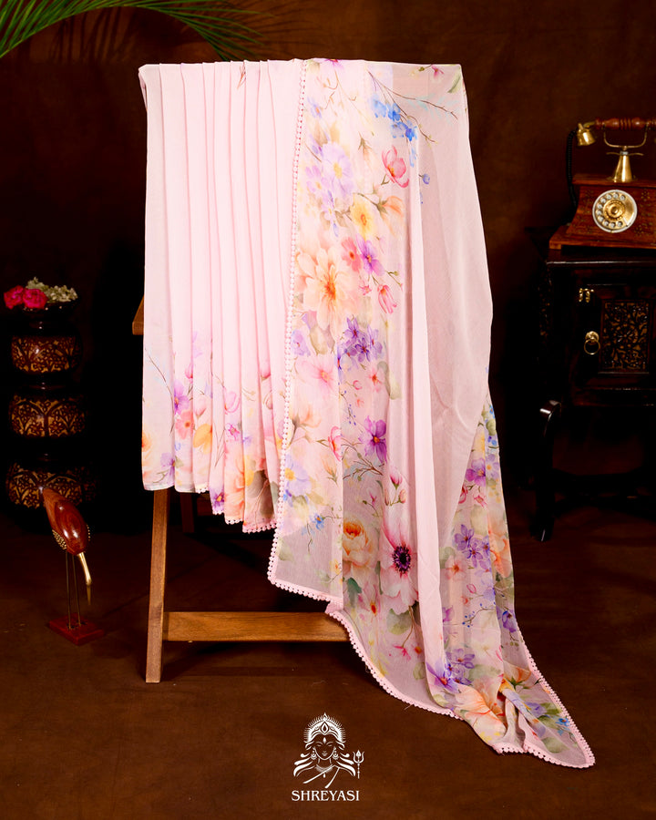 Pure Chiffon Floral Saree with Crochet Embroidery Border