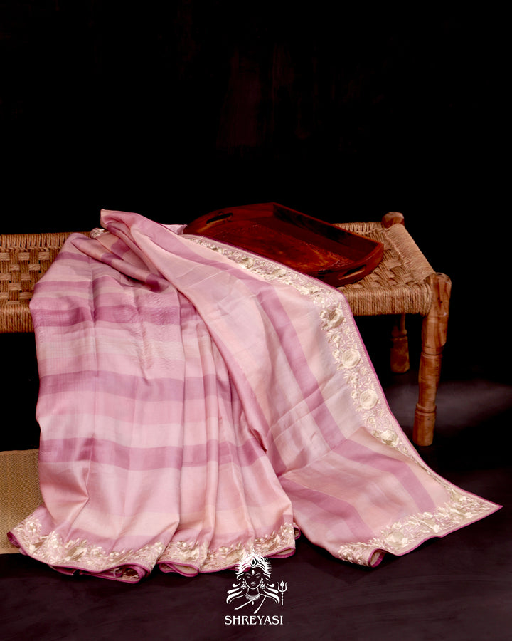 Tussar Silk Saree with Parsi Gara Embroidered Borders and Floral Parsi Gara Blouse