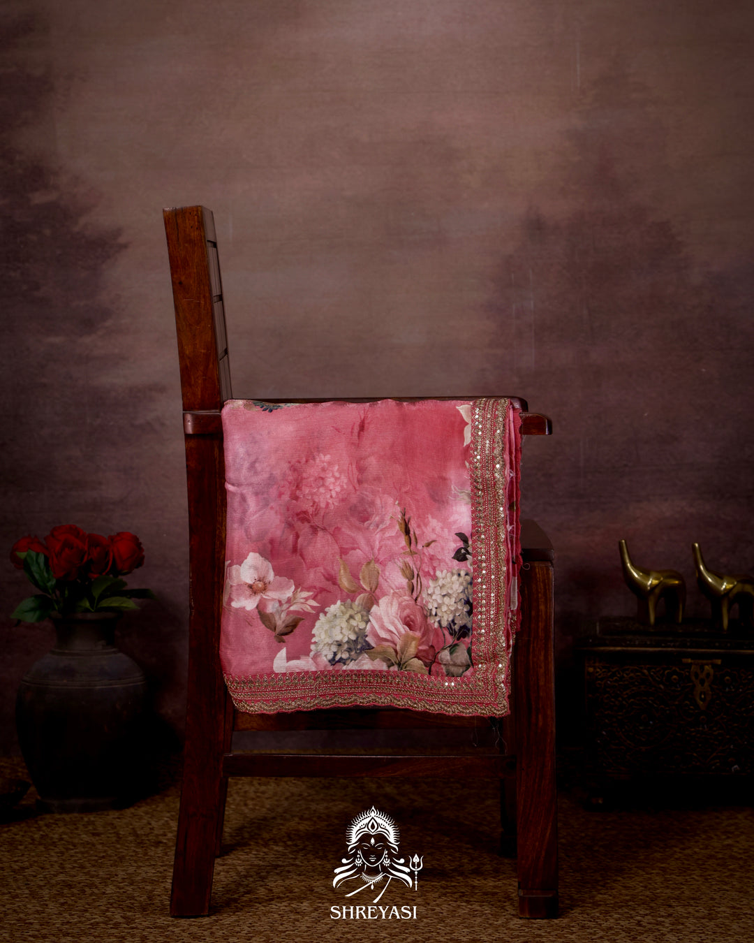 Peach pink Chinon Satin Floral Saree with Embroidered Border