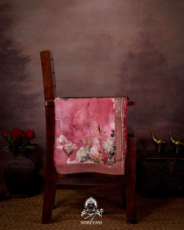 Peach pink Chinon Satin Floral Saree with Embroidered Border