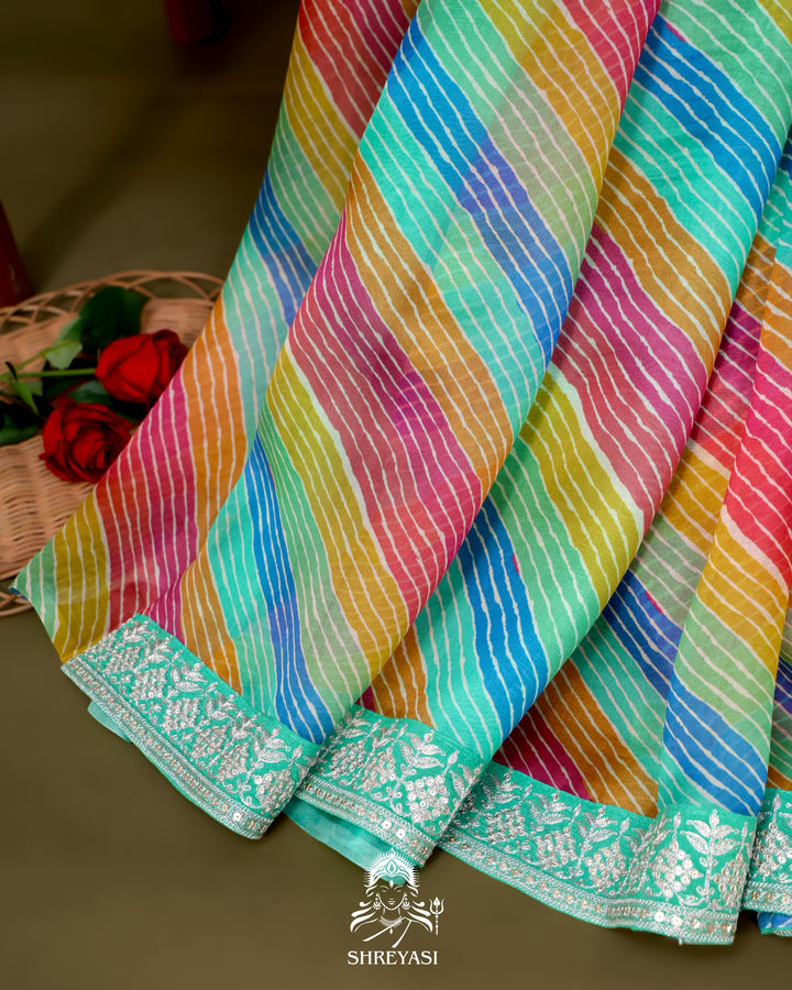 Pure Organza Silk Saree in Multicolor Leheriya with Mint Embroidered Border