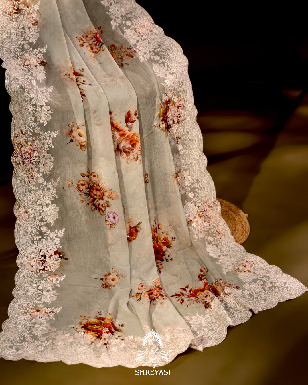 Floral Chiffon Georgette Saree with Scalloped Thread Embroidery