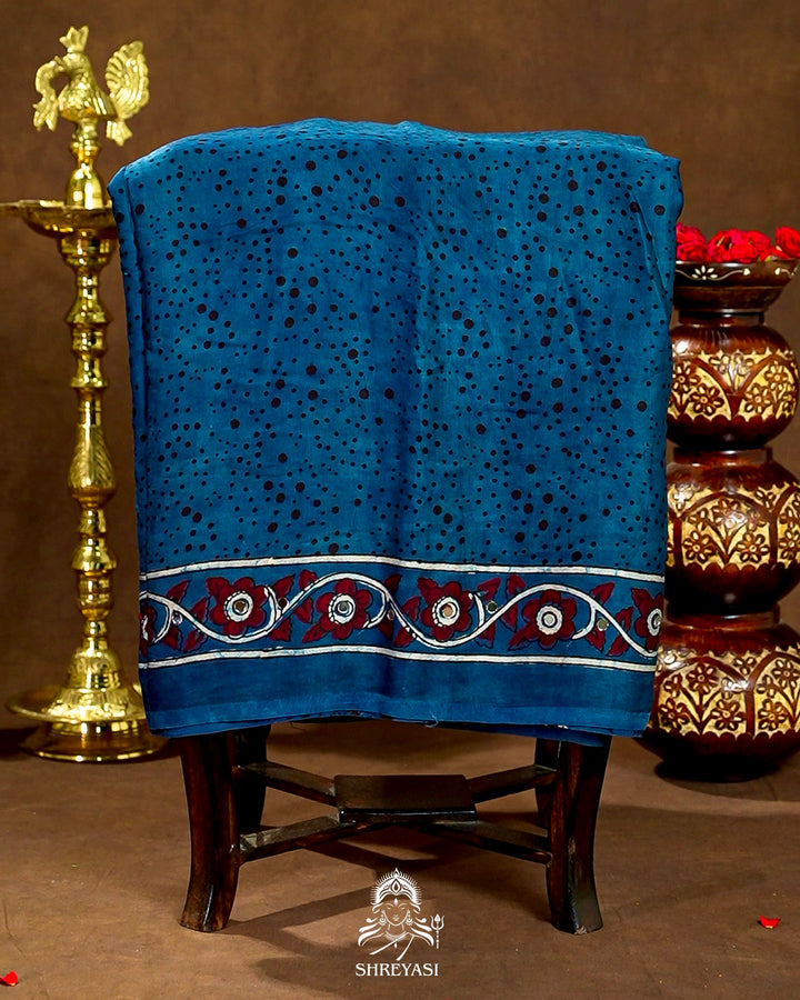 Mirror Work Pure Modal Silk Ajrakh Hand Block Printed Saree | Naturally Dyed Artisan Collection