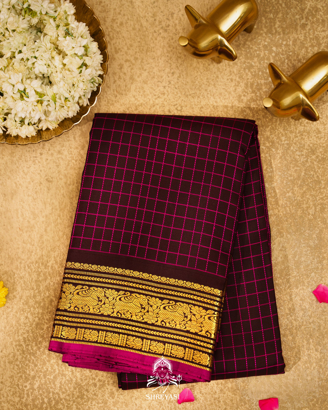 Vintage Style Kanjivaram Silk Saree with Kattam Checks & Small Borders