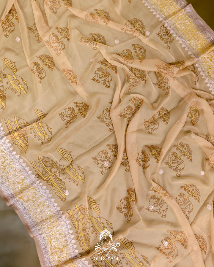 Banarasi Khaddi Chiffon Georgette Saree with Hand Block Motifs